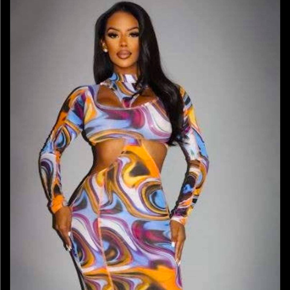 Women orange and blue marbled dress